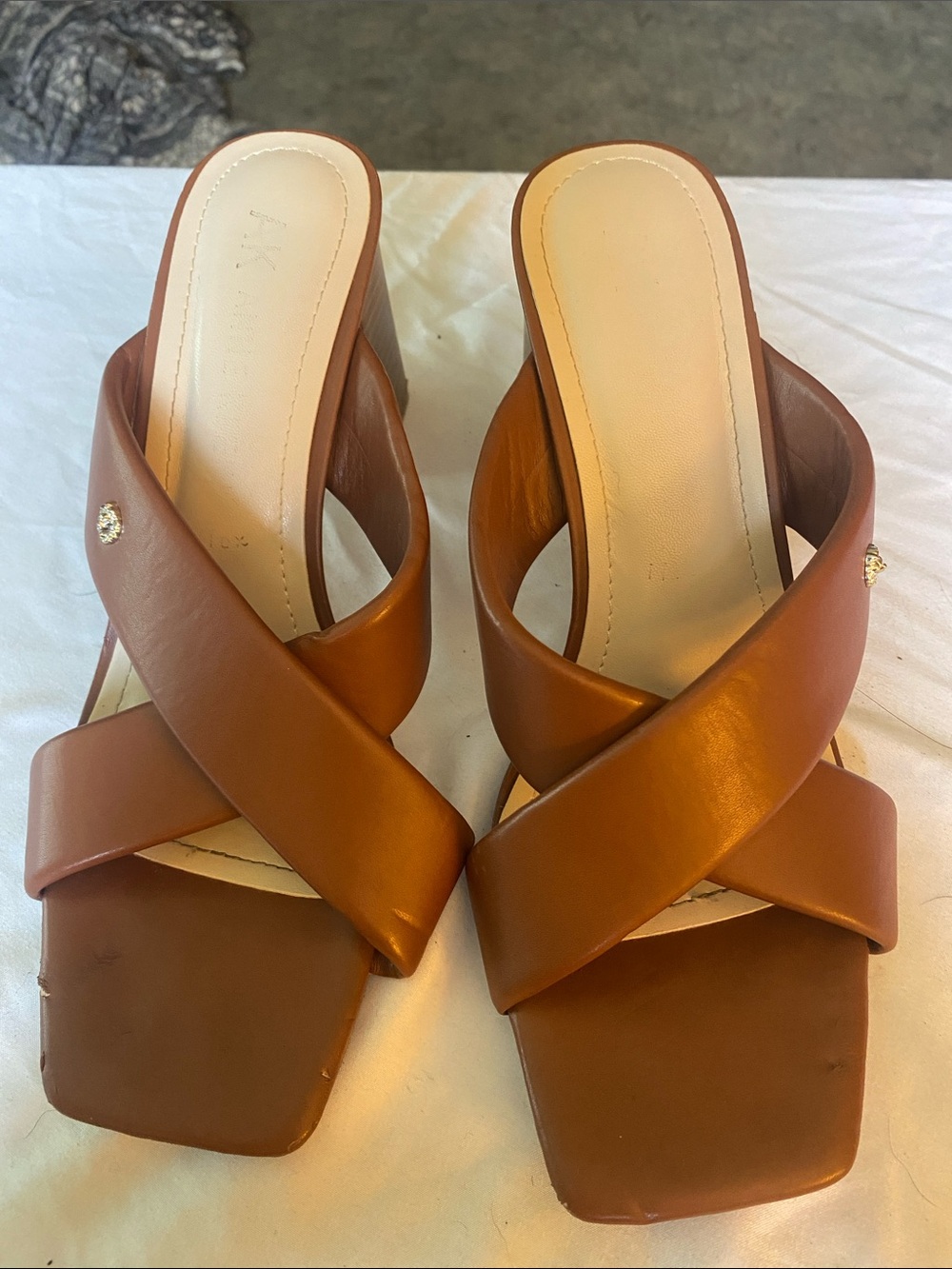 Source Unknown Tan Brown Crisscross Mule Heels